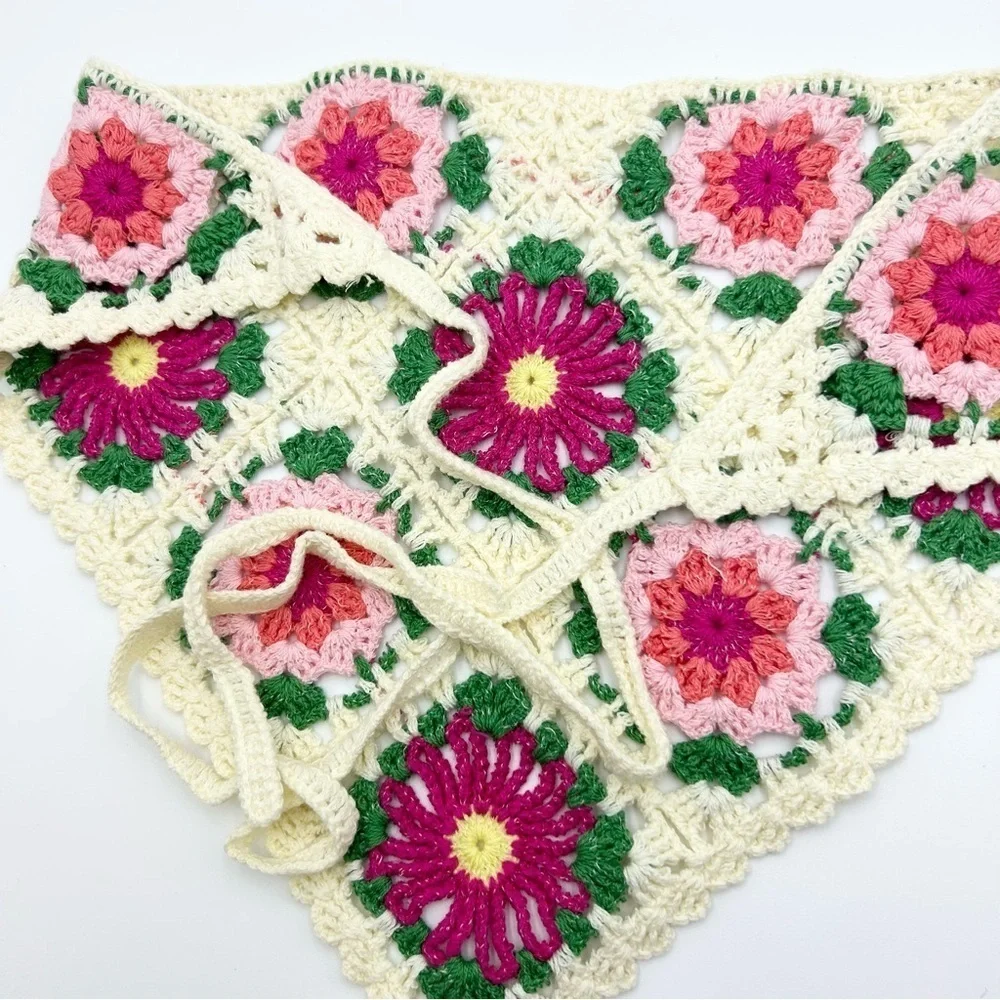 New Handmade Crochet Knitted Multicolour Floral Triangle Headband One Size
